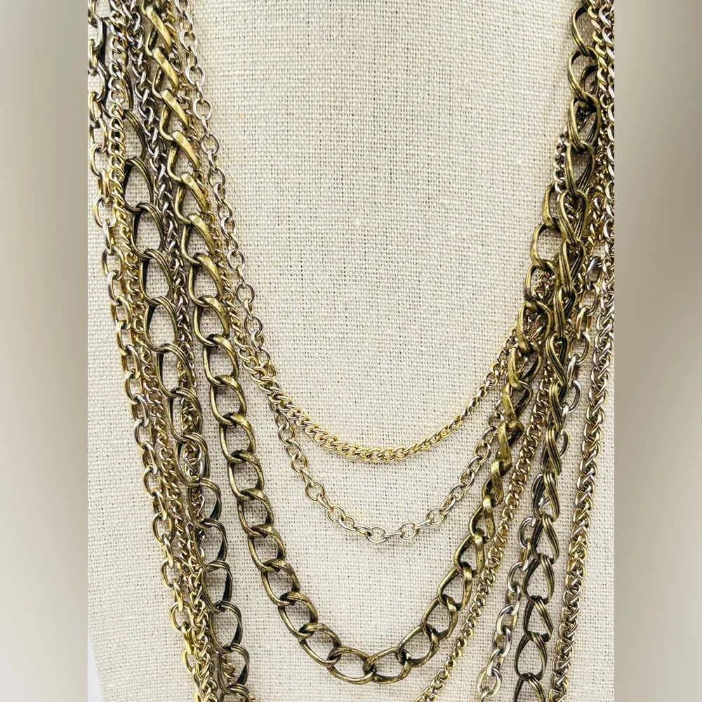Vintage 7-Strand Mixed Metal Layered Chain Necklace - Picture 2 of 10